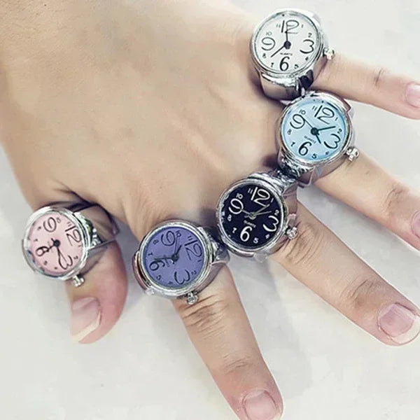 Punk Vintage Finger Watch Mini Elastic Strap Alloy Watches Couple Rings Jewelry Clock Retro Roman Quartz Watch Rings Women Men