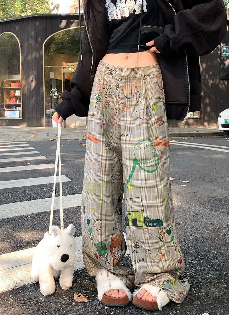 Jielur Korean Women's Retro Graffiti Suit Casual Pants Spring New Women Fashion High Waist Sweet Floor Sweeping Wide Leg Pants