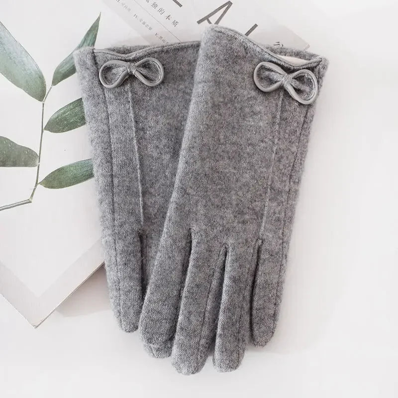 Women's Winter Cashmere Touch Screen Warm Gloves Outdoor Riding Plus Velvet Thicken Wool Bow Full Finger Driving Mittens S29