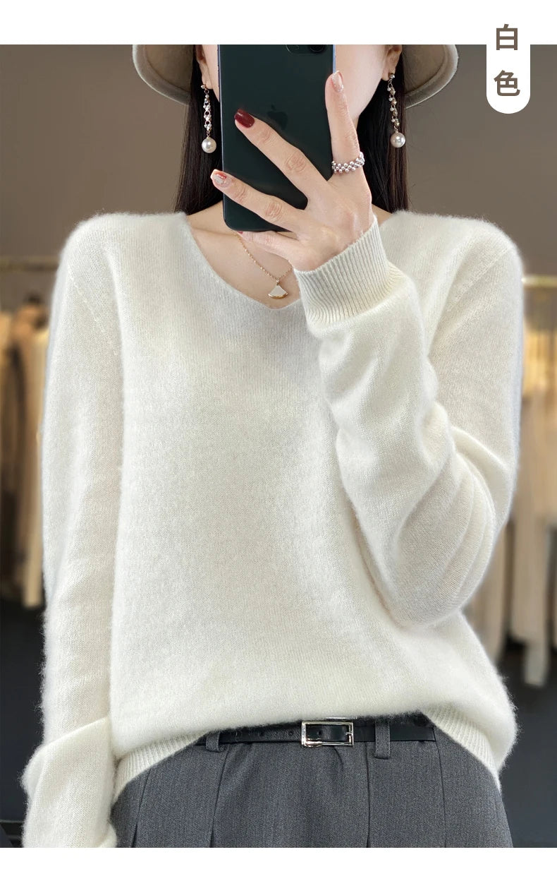 100% pure wool cashmere sweater women's V-neck pullover casual knit top autumn and winter women's coat Korean fashion