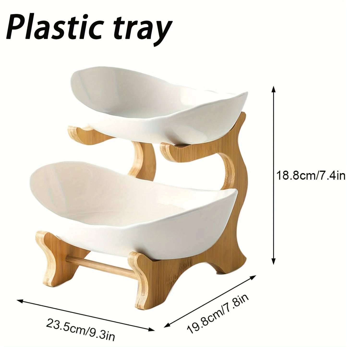 2 Tier Plastic Fruit Bowl with Bamboo Wooden Shelf for Kitchen Counter for Vegetable Storage Fruit Basket Snack Tray Shelf