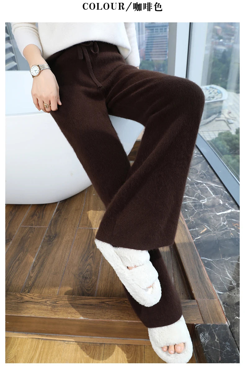 2024 Autumn/Winter New Mink Cashmere Wide Leg Pants for Women, Thickened, Warm, Loose, High Waist Strap up Vertical Casual Pants