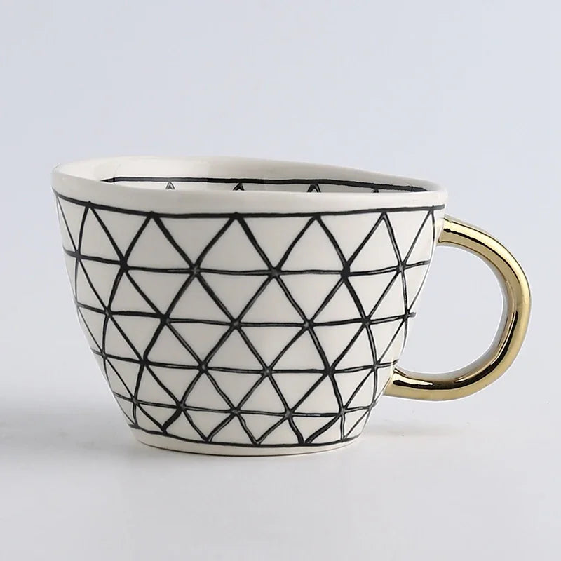 Hand Painted Geometric Ceramic Mugs With Gold Handle Handmade Irregular Cups For Coffee Tea Milk Oatmeal Creative Birthday Gifts