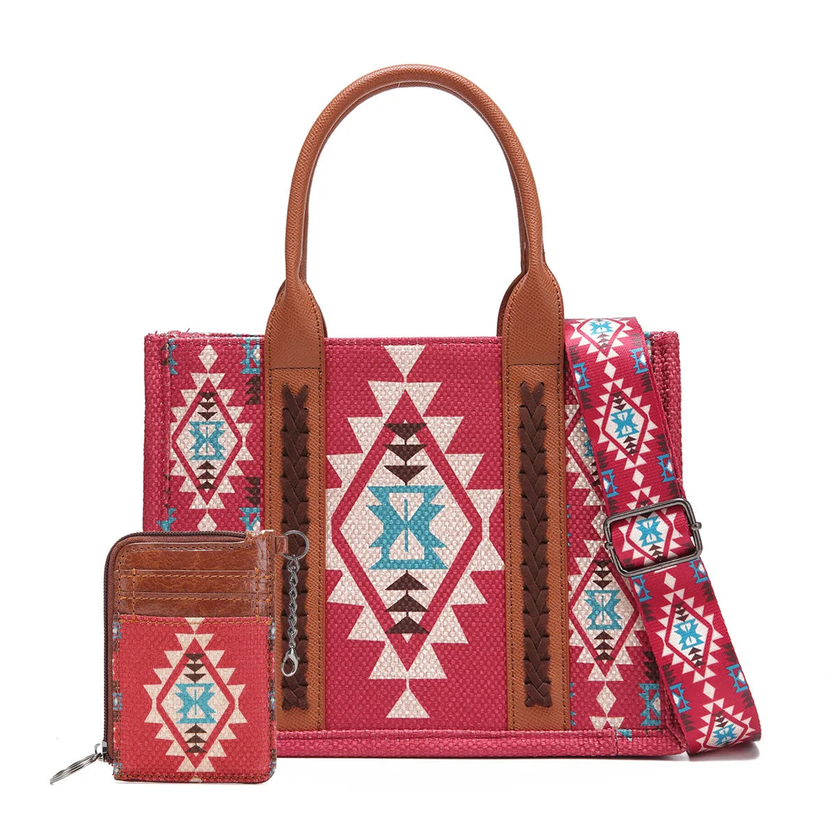 Retro Women Cotton Linen Handbag Large Capacity Western Boho Aztec Wide Shoulder Tote Bags with Coin Wallet Lady Bucket Purse