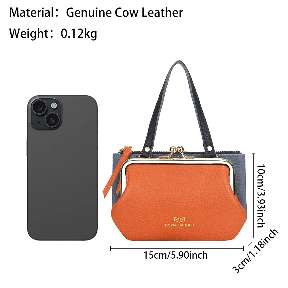 Royal Bagger RFID Coin Purse for Women, Genuine Leather Portable Small Handbag, Fashion Casual Kiss Lock Clutch Wallet 1927