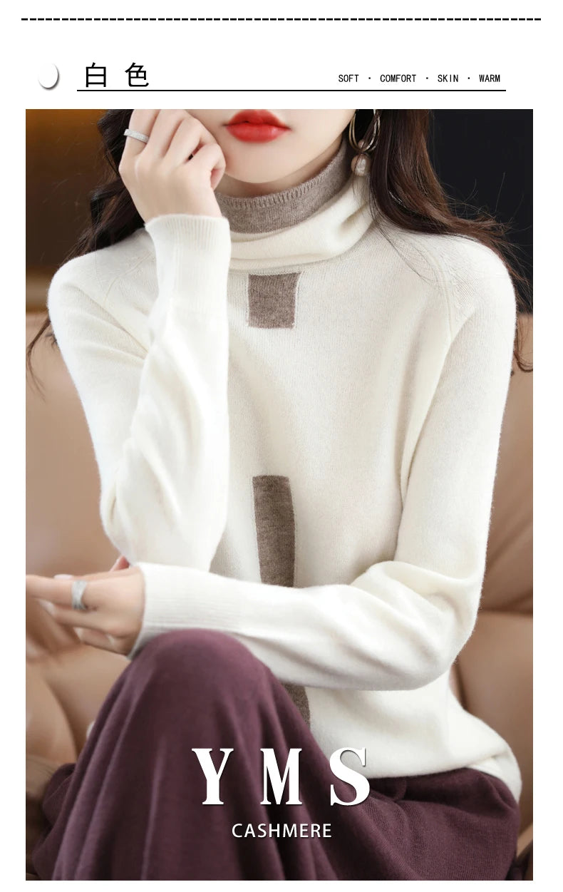 100% Mink Cashmere Sweater Ladies Pile Collar Pullover Tops Spring / Autumn New Colorblock Top Korean Style Fashion Tight Thin