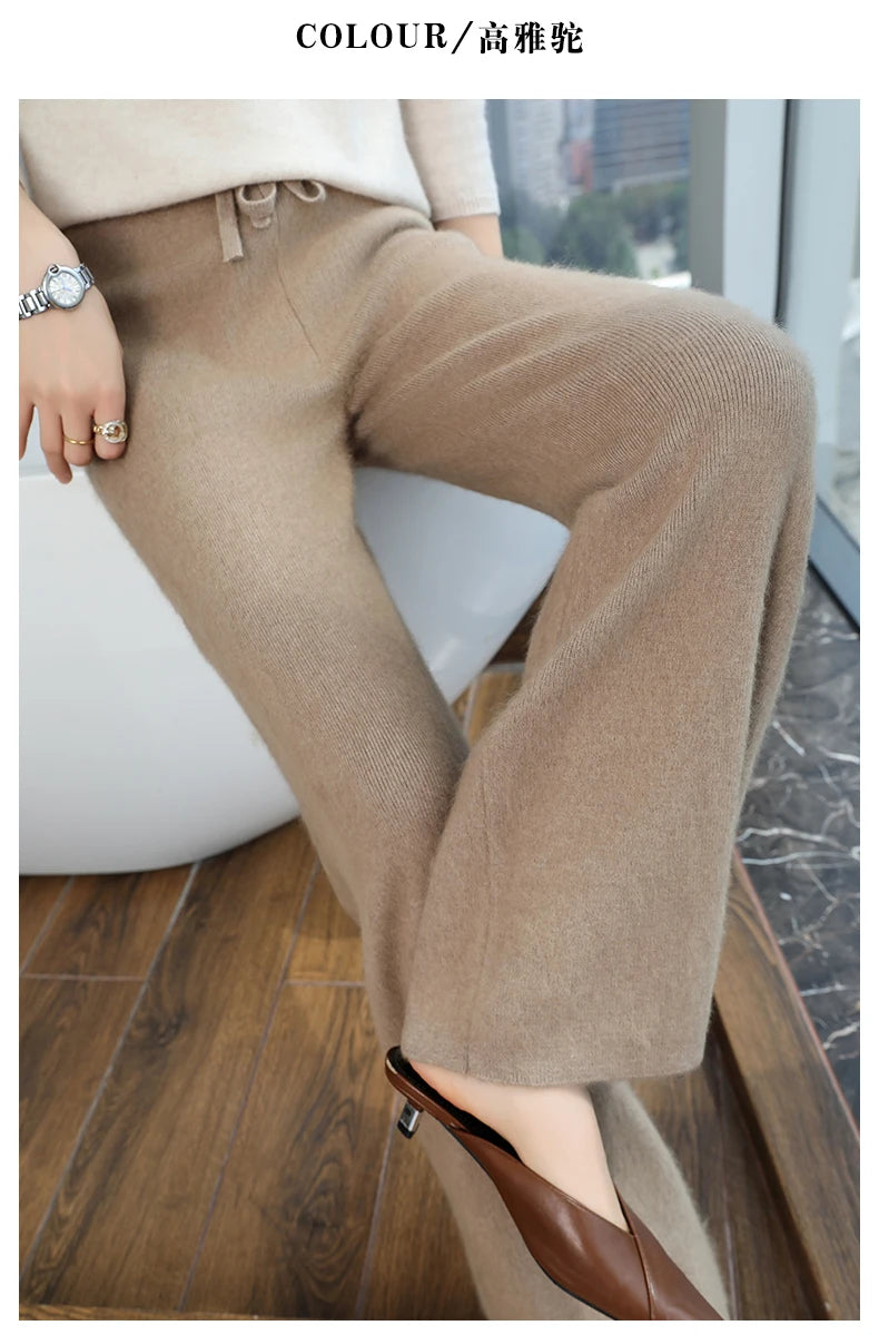 2024 Autumn/Winter New Mink Cashmere Wide Leg Pants for Women, Thickened, Warm, Loose, High Waist Strap up Vertical Casual Pants