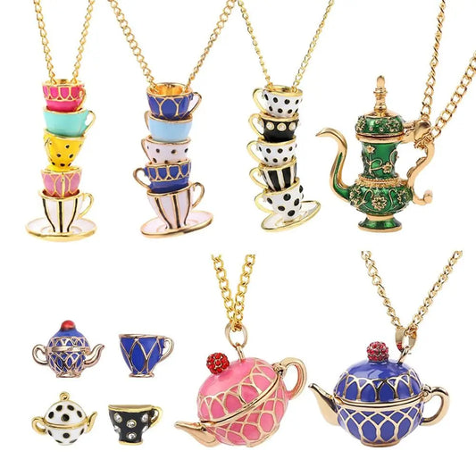 Teapot Locket Enamel Jewelry Hand Made Sweater Chain Coffee Cup pendant Long Necklace Earrings Tea Cup Necklace Teapot Necklace