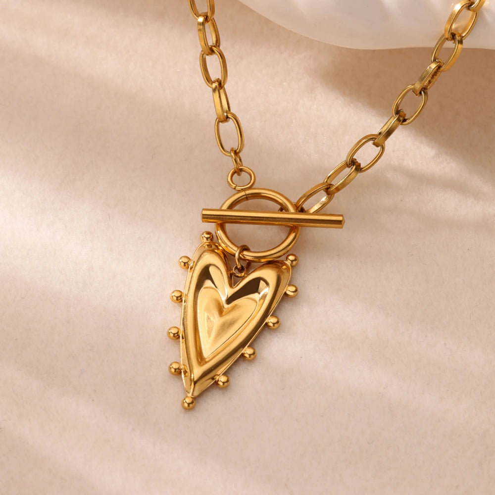 Punk Gold Color Heart Pendant Necklace for Women Stainless Steel OT Buckle Beaded Neck Chain Choker Y2K Jewelry Accessories