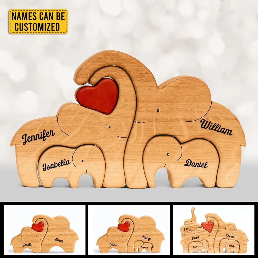 Personalized Elephant Family Wooden Puzzle Love Animal Wood Puzzle Custom Family Name Sculpture Free Engraving Decor Gifts Valentines Gift