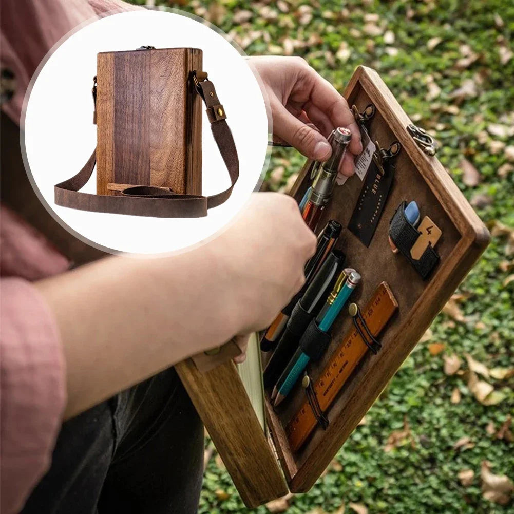 Multifunction Outdoor Crossbody Gift Brush Storage Postman Briefcase Retro Portable Artist Tool Pencil Writer Messenger Wood Box