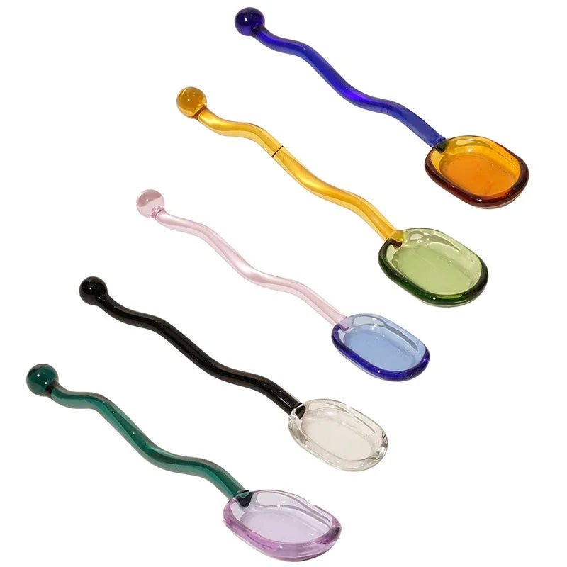 Creative Glass Milk Spoons Colored Transparent Coffee Dessert Stirring Long Handle Spoon Round Kitchen Tableware Stirrer Rod