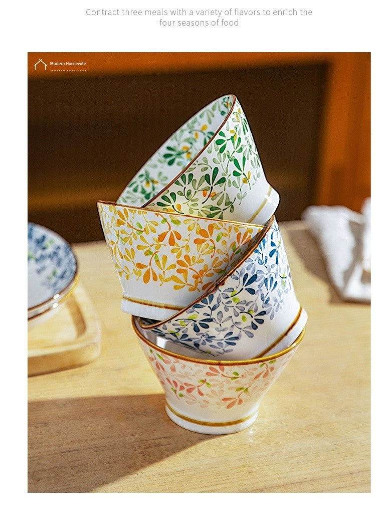 Modern Housewife Japanese Style All Year Round Flowers Ceramic Bowl For Home Rain-Hat Shaped Bowl Especially Beautiful Rice Bowl for Personal Use