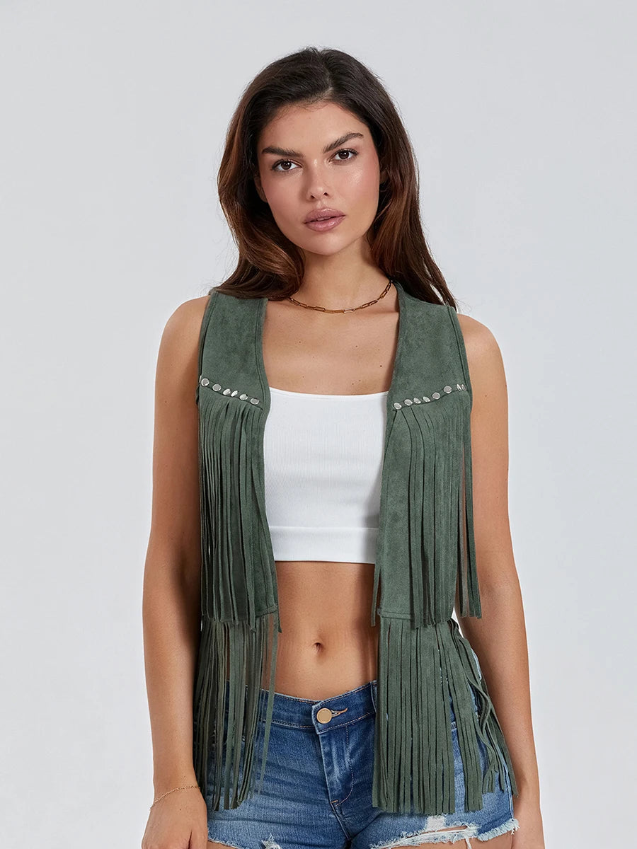 Women Fringe Vest Faux Suede Open Front Vintage Vest Sleeveless Hippie Clothes Boho Western Cowboy Style Short Jacket