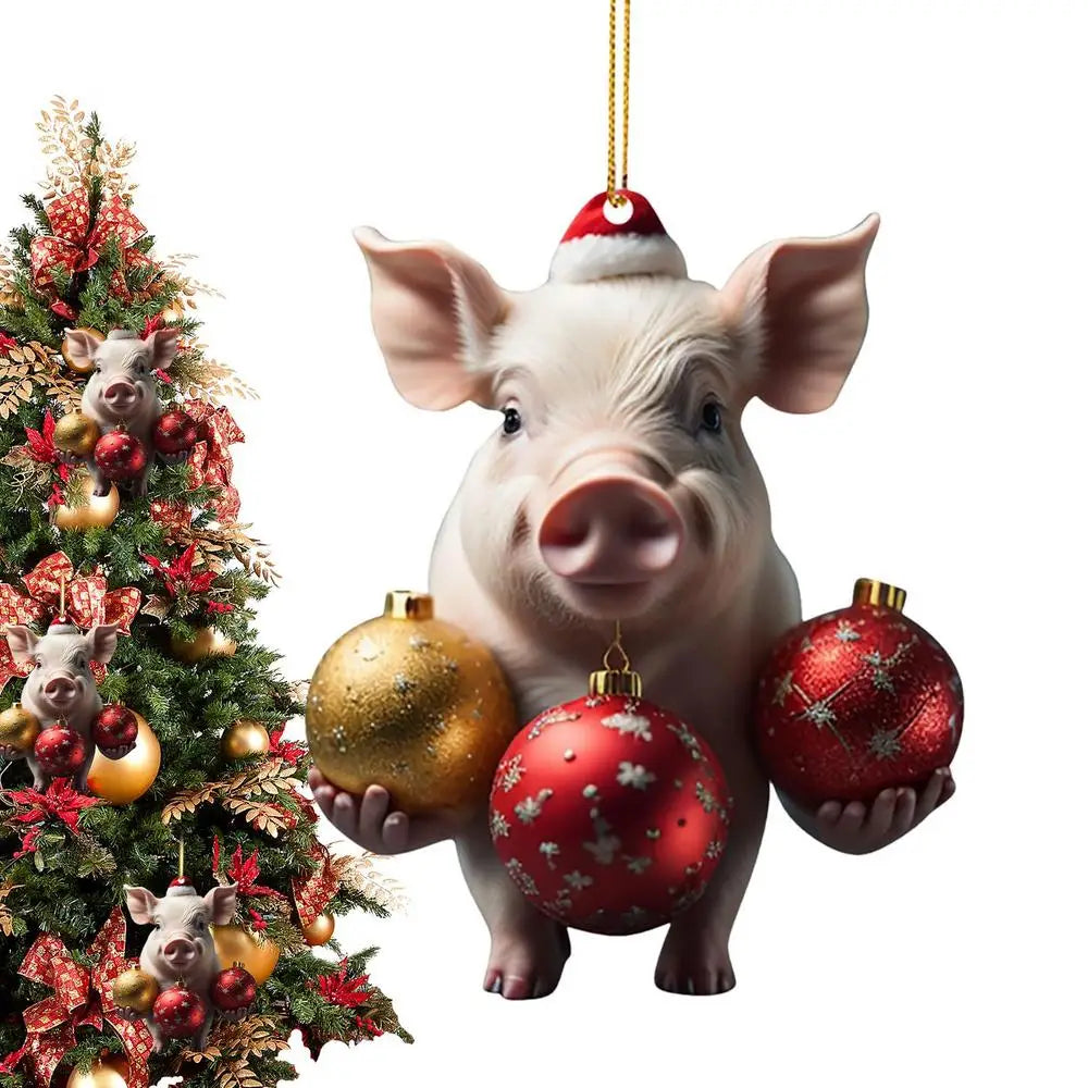 2D Acrylic Funny Pig Pendant With Lanyard Cute Cartoon Christmas Ornaments For Trees Doors Party Supplies Home Decoration