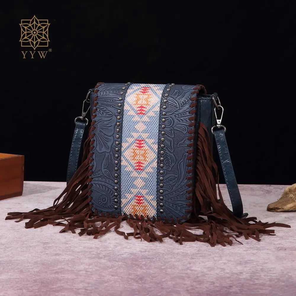 Small Vegan Leather Cowhide Women's Crossbody Handbag with Tassel Wrangler West Fringe Purse for Women Shoulder Bag Tooled Aztec