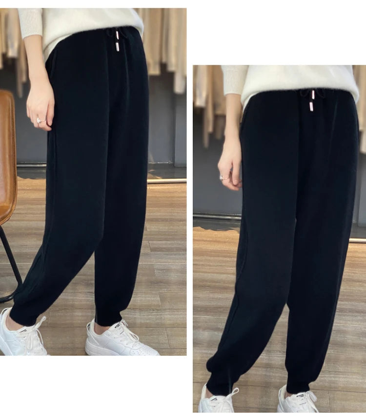 100% Merino wool cashmere women's knitted wool pants in autumn and winter new elastic waist fashion feet pants.