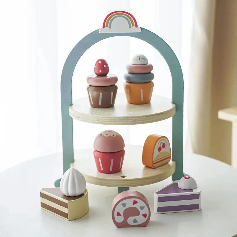 Wooden Kitchen Pretend Play Toy Tea Party Set for Little Girls Coffee Maker Set Cake Ice Cream Tea Playset for 3 4 5 6 Ages Girl