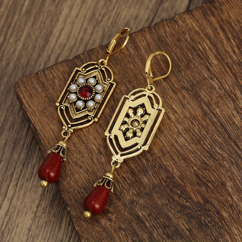 Boho Ethnic Geometric Waterdrop Stone Earrings Jewelry Gold Color Red Blue White Pearl Handmade Earrings For Women Girls Gift