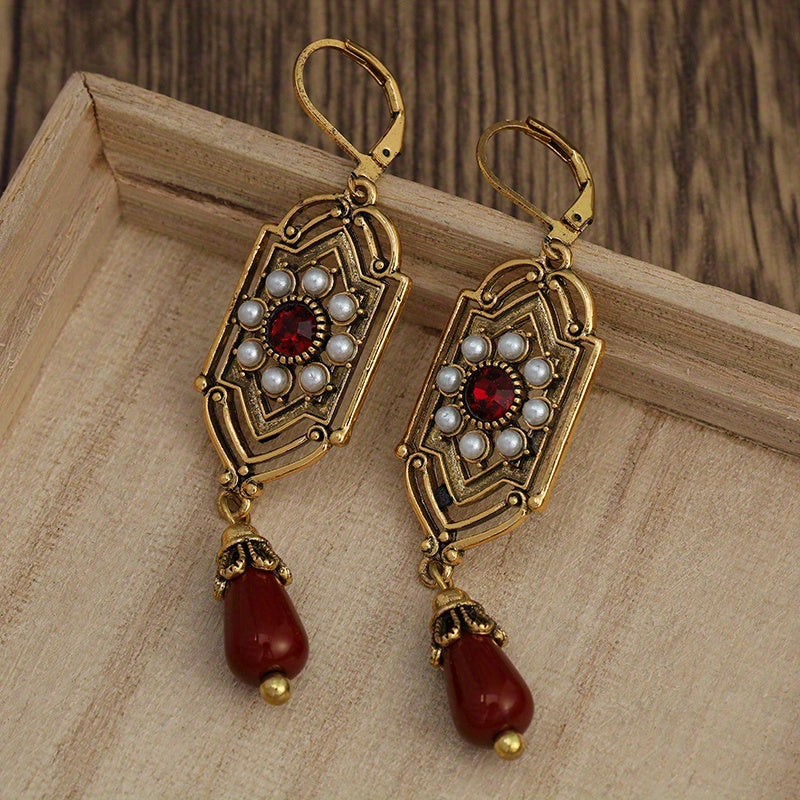 Boho Ethnic Geometric Waterdrop Stone Earrings Jewelry Gold Color Red Blue White Pearl Handmade Earrings For Women Girls Gift