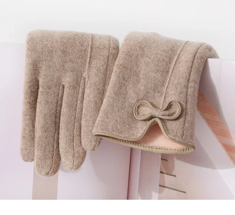 Women's Winter Cashmere Touch Screen Warm Gloves Outdoor Riding Plus Velvet Thicken Wool Bow Full Finger Driving Mittens S29