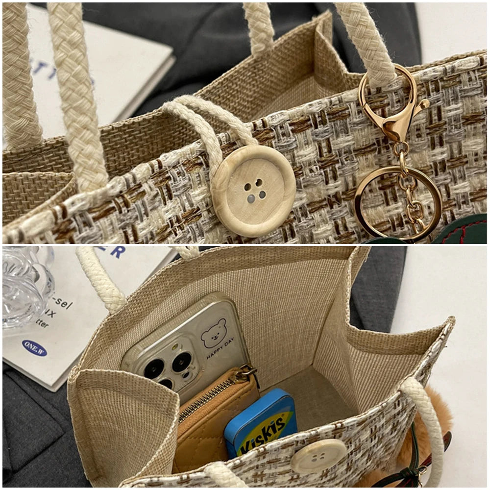 21x19x11cm Jute Braided Handbag Boho Handmade Woven Small Square Handle Bag Chic Foldable Eco Shopping Bag Summer Beach Handbag