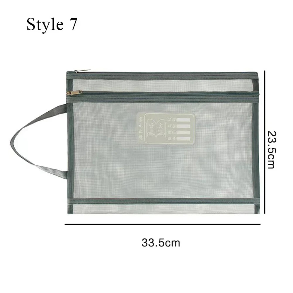 A4 Stationery Storage Bag Double-layer Mesh Zipper Bag Large Capacity Organizer Cosmetic Makeup Bag Transparent File Folders