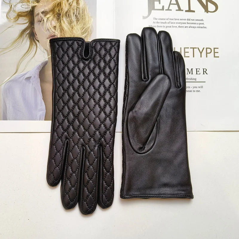 Women's sheepskin gloves with touch screen insulation and velvet lining for windproof riding and driving gloves