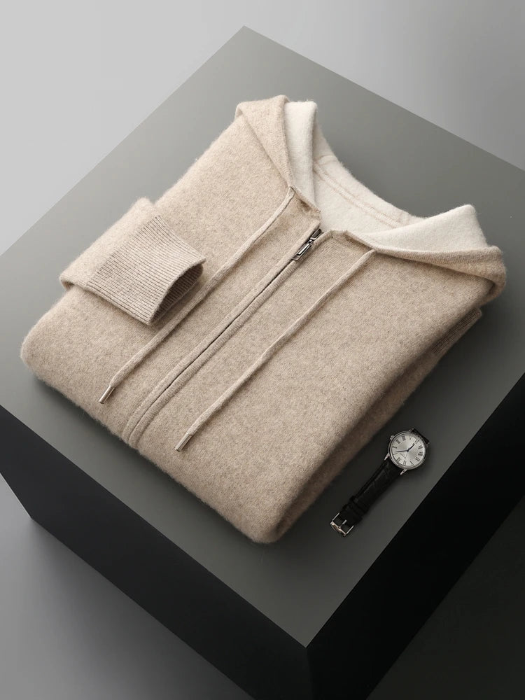 Men's Cashmere Sweater 100% Merino Wool Cardigan Hoodie Thick Zipper Knitwear Luxary Quality Coat Smart Casual Tops Clothing