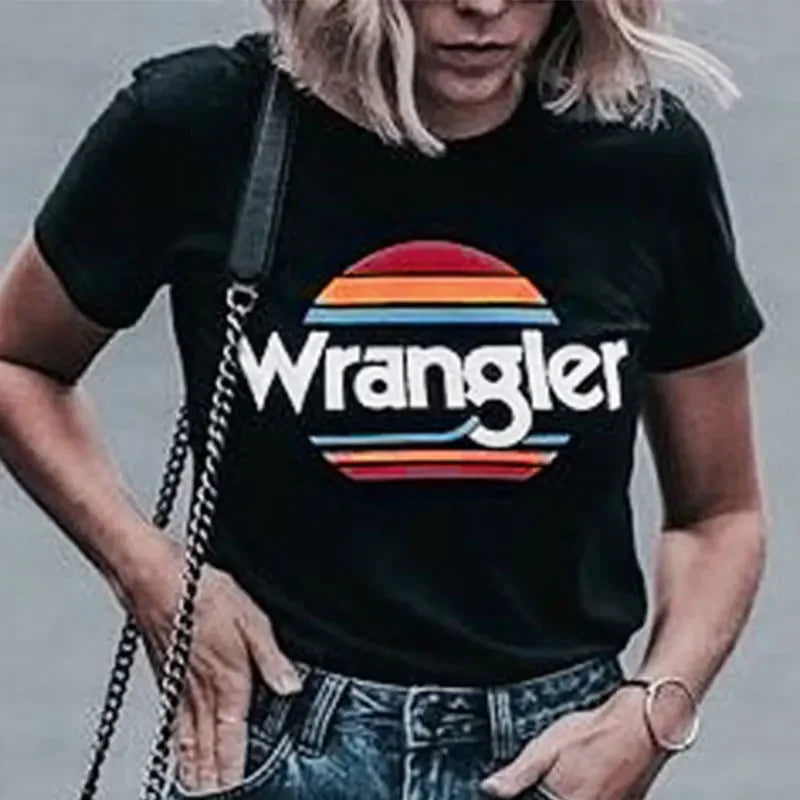 Wrangler Letter Print T-shirt Women Summer T shirts Black Harajuku Mujer Camisetas O-Neck Oversized Casual Femme T-shirts