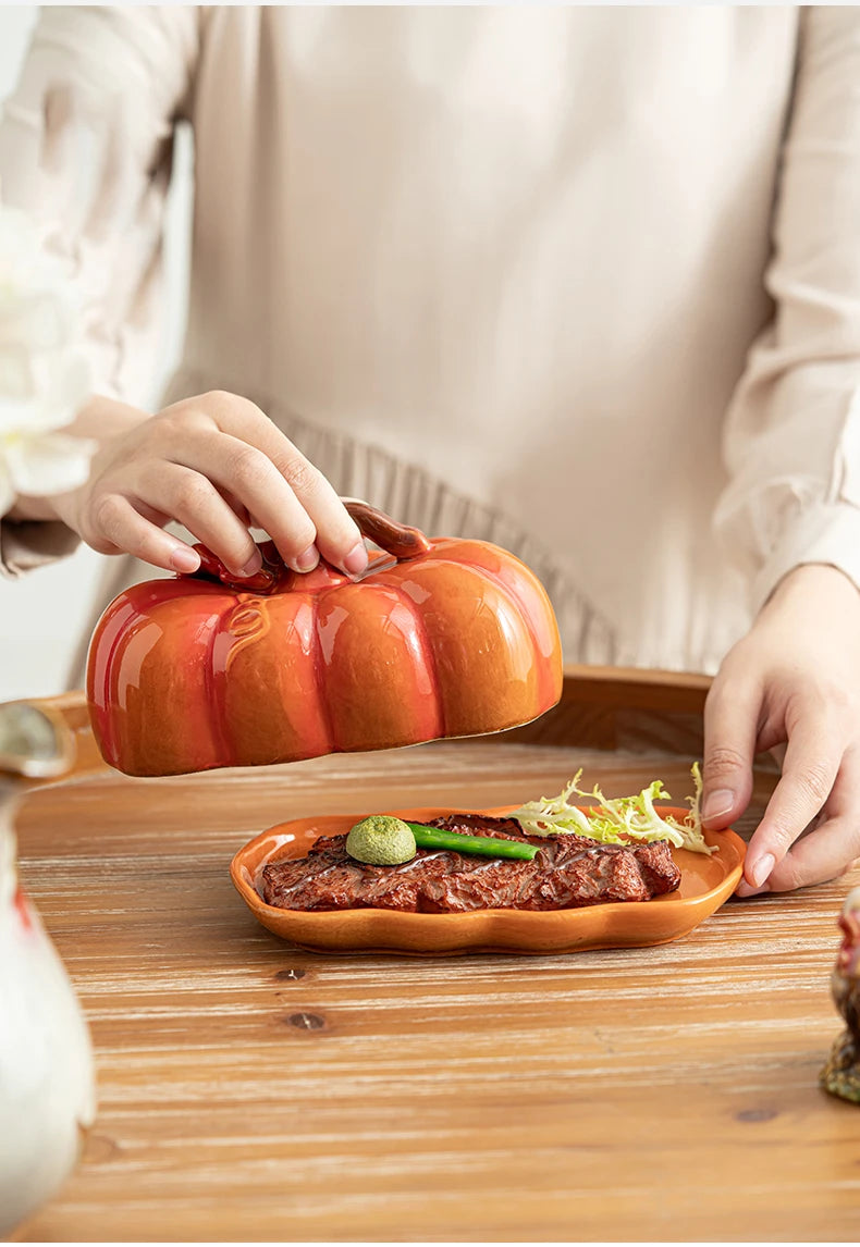 Cute and Novel Pumpkin with Lid Ceramic Dining Plate Snack Plate Kitchen Utensils Restaurant Utensils New Year's Festival Gifts