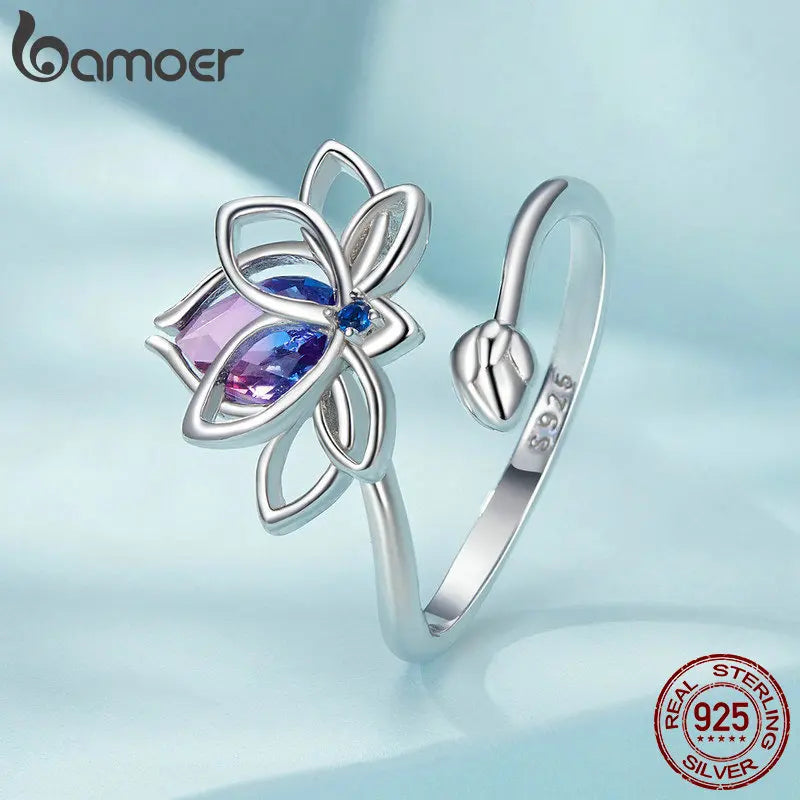 BAMOER 925 Sterling Silver Lotus Adjustable Ring Encouragement Lotus Flower Open Wrap Ring Inspirational Jewelry Gift for Women