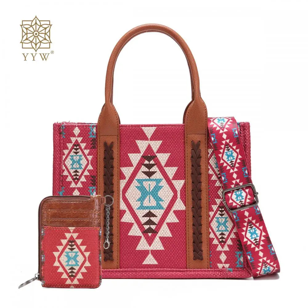 Retro Women Cotton Linen Handbag Large Capacity Western Boho Aztec Wide Shoulder Tote Bags with Coin Wallet Lady Bucket Purse