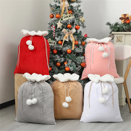 Plush Christmas Santa Sack Cord Drawstring With Pom Pom For Kids Luxury Xmas Gift Bag Merry Christmas