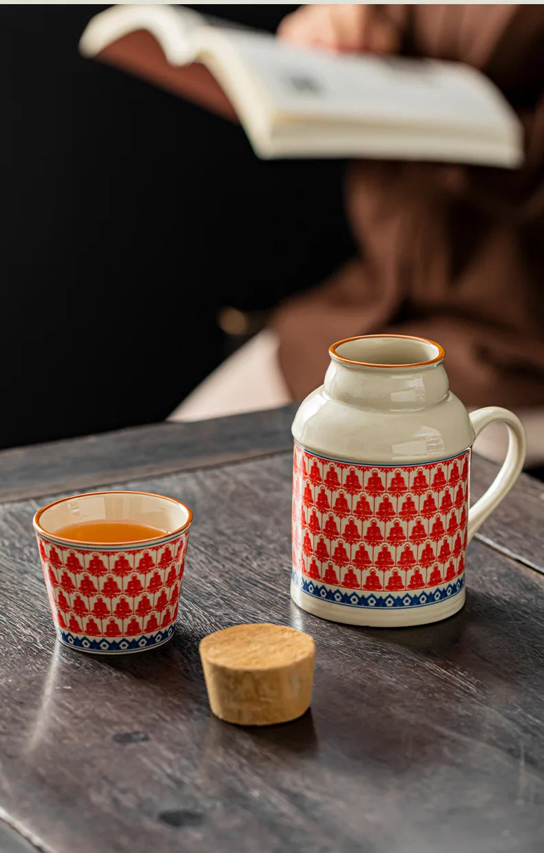 Chinese Style Teacup Set with Ruyao WanHua, Small Warm Pot, Lid Mug, Large Capacity Ceramic Hand Warmer, Travel Tea Pot + Cup