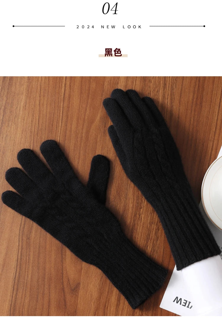 Women Wool Cashmere Gloves Cable Knit Touchscreen Finger Hole Winter Autumn Warm Wrist Length Classic Gloves Female Mitten