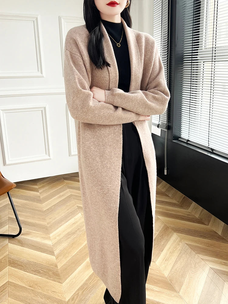 2024 Women Long Cardigan Cashmere Sweater Spring Autumn Winter Office Lady Loose Coat 100% Merino Wool Knitwear Korean Fashion