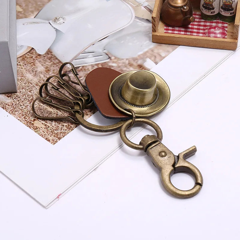 America Cowboy Hat Key Chains Vintage Cowhide Car Keychain Creative Small Gift Pendant Key Accessories