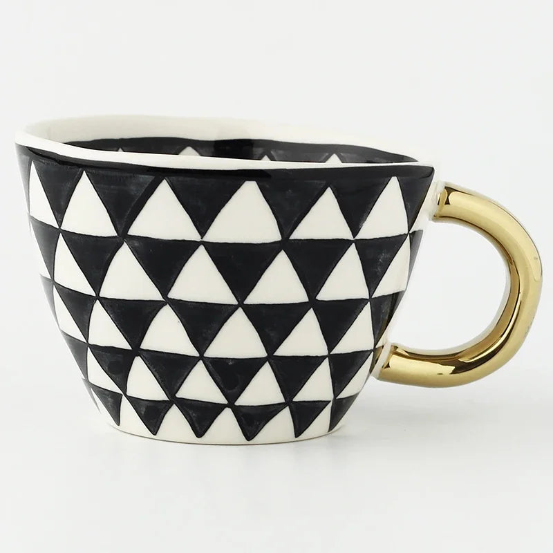 Hand Painted Geometric Ceramic Mugs With Gold Handle Handmade Irregular Cups For Coffee Tea Milk Oatmeal Creative Birthday Gifts