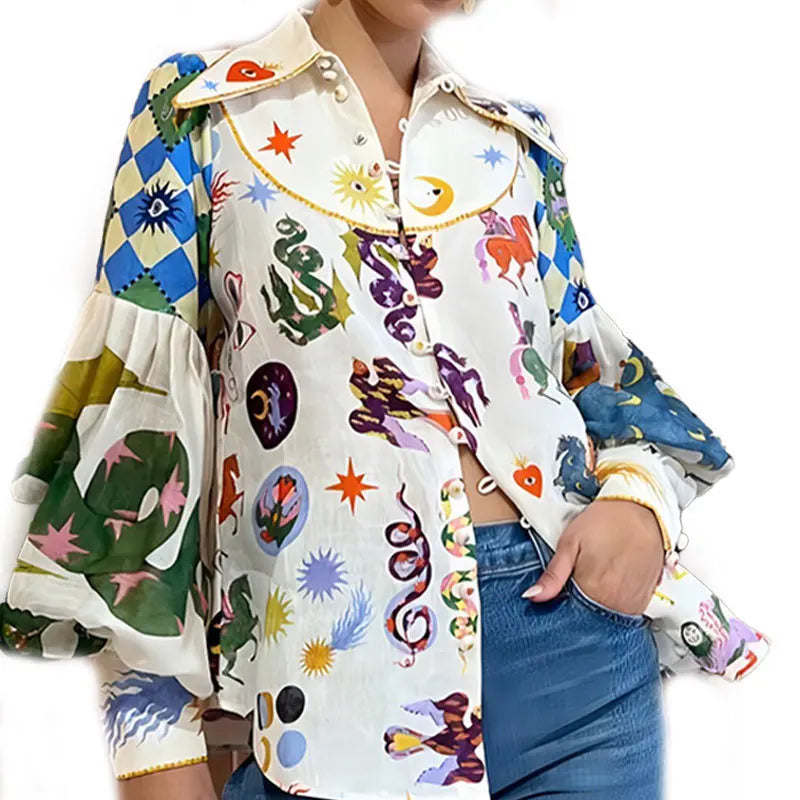 2024 Summer Women's New Temperament Commuter Print Lapel Single Breasted Lantern Sleeve Shirt For Women