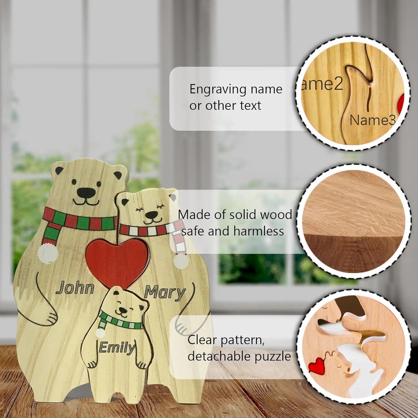 Name Personalized Custom Mother's Birthday Gift Family Names Sculpture Wood Puzzle Bear Family Heart Puzzles Home Decoration Valentines Gift