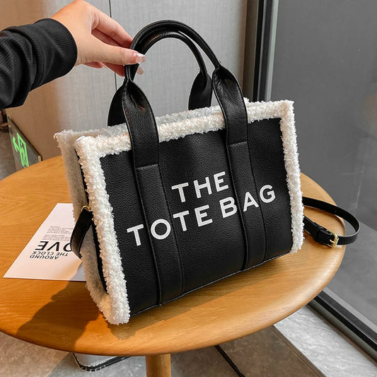 Winter Soft Lamb Wool Stitching Top-Handle Bags PU Leather Fashion Small Crossbody Bags Letter Print Ladies Square The Tote Bags