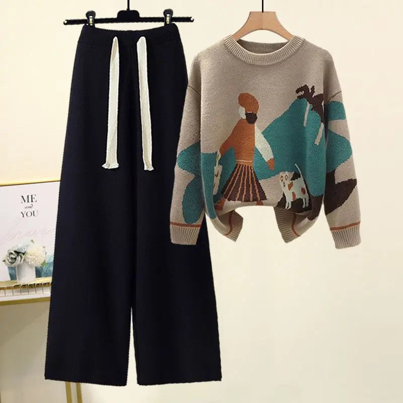 Autumn and Winter Set Women's New Western Style Knitted Sweater Women's Loose and Slimming Casual Pants Two Piece Set Fashion