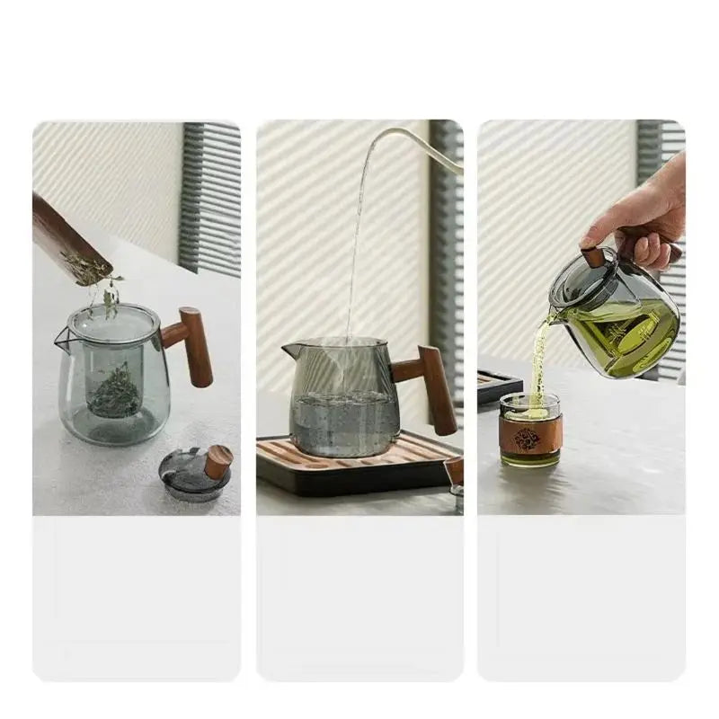 GIANXI 530ml Heat-Resistant Glass Teapot With Walnut Handle Chinese Drain/Storage Tea Tray Home Hospitality Kung Fu Tea Set