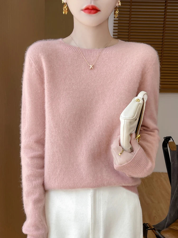 Autumn Winter Women Clothing O-Neck Pullover 100% Merino Wool Sweater New Fashion Cashmere Tops Bottoming Long Sleeve Knitwear