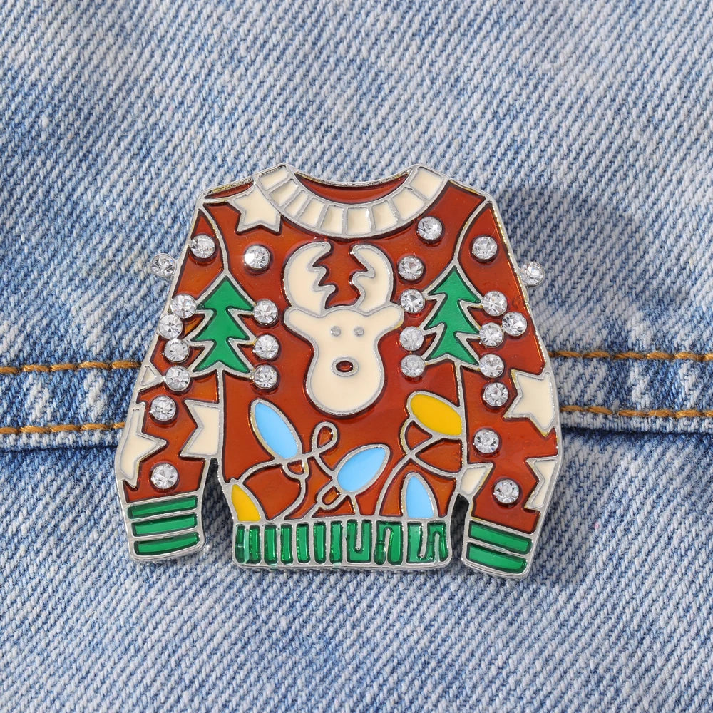 Vintage Ugly Christmas Sweater Brooches Cute Reindeer Crystal Rhinestone Xmas Jumpers Pins for Women Holiday Gift Wholesale