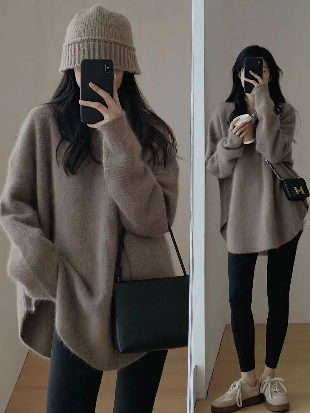 Korean women's mid to long pure wool pullover knitted sweater autumn winter 2024, fashionable and loose large size cashmere tops