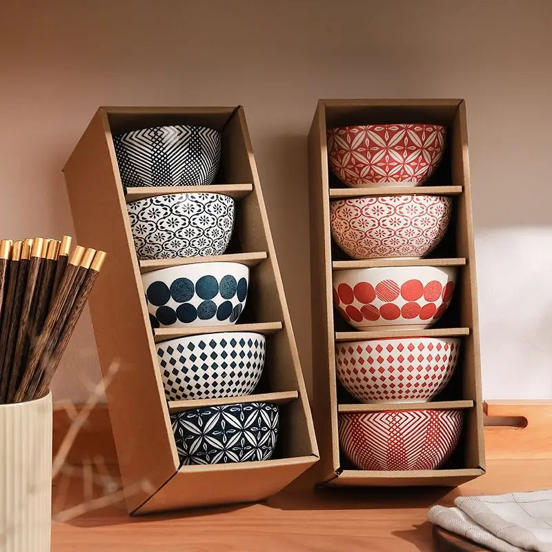 Japanese Style Ceramic Rice Bowl Set Family Dinner Soup Good-Looking Set Gift Box Rice Bowl Creative Retro Small Bowl