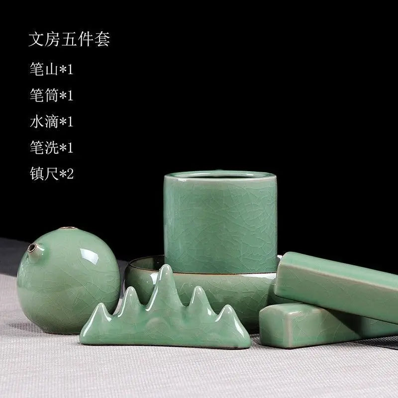 Royal Ming Celadon Study Four Treasures Set Calligraphy Supplies Pen Holder Paperweight Wash Adult