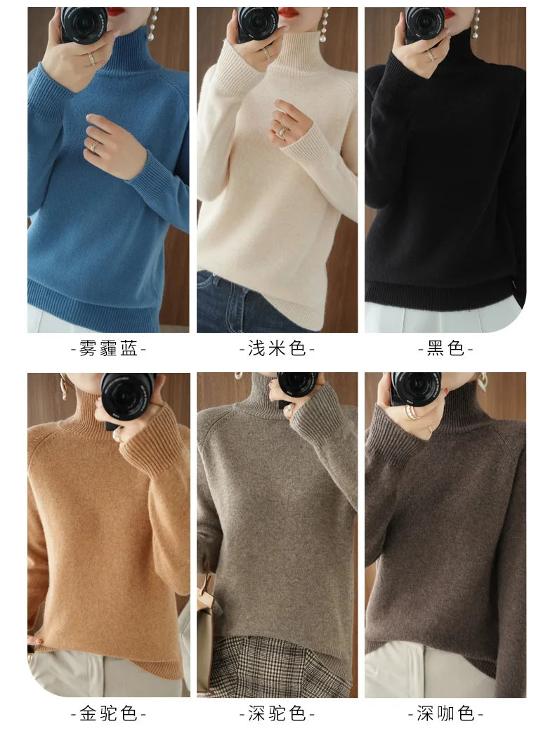 Fashion Basic Autumn Winter  Merino Wool Sweater Mock Neck Cashmere Pullover  Solid Color Soft Long Sleeve Clothing Tops